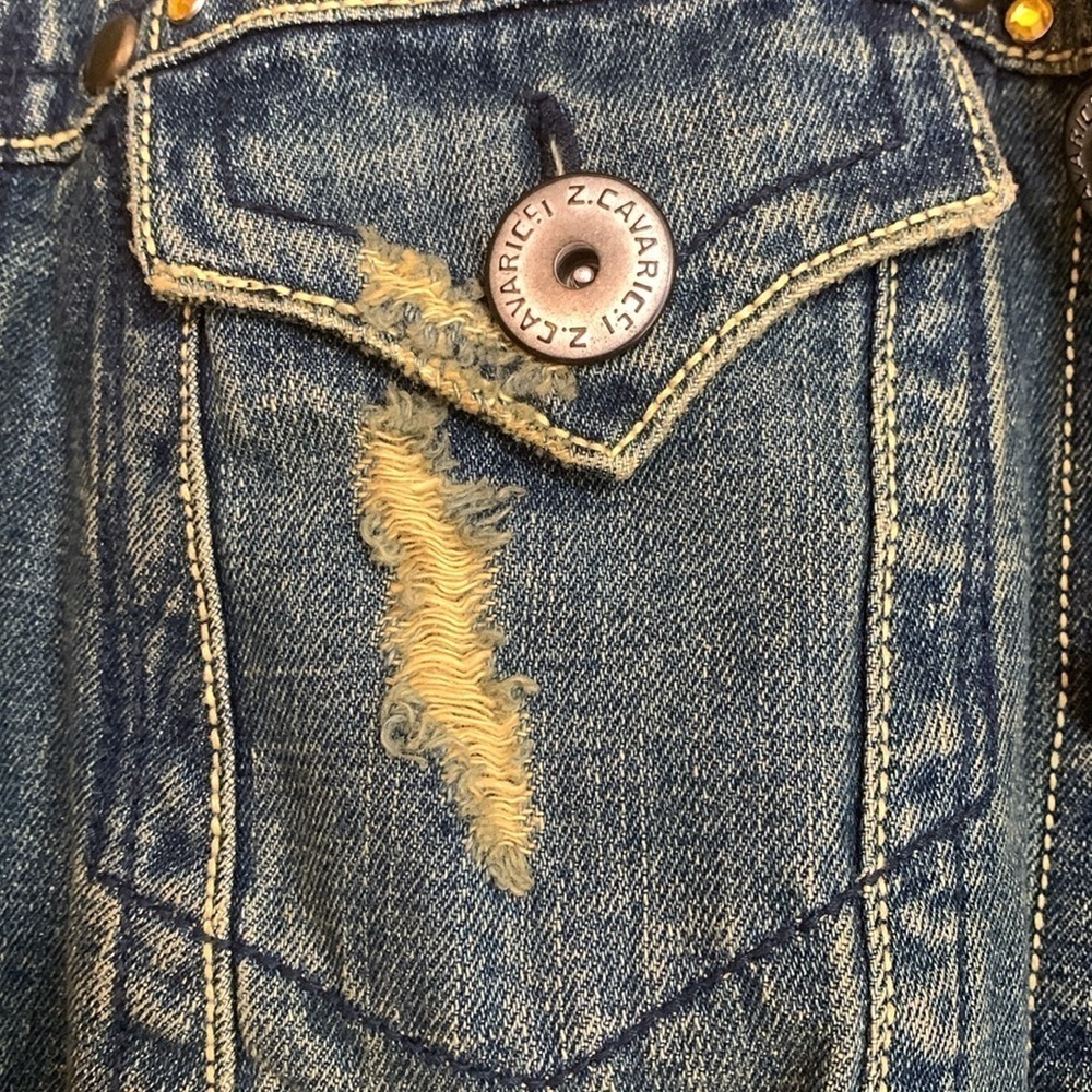 Z. Cavaricci Y2K Denim Blue Jean Bird Embroidery Distressed Button Down Jacket 4 - Picture 11 of 17